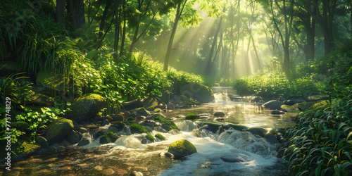 morning in the forest  A image of a tranquil forest stream flowing gently through a green forest  with sunlight filtering through the tree