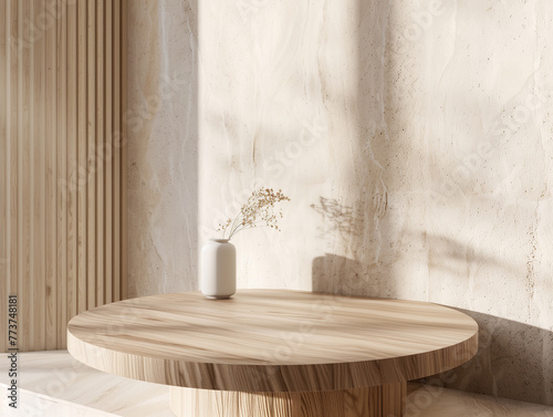 A close-up of a chic, natural wooden podium, set against a flawless stone white wall. This minimalist backdrop is perfect for highlighting the intricate details of showcased products