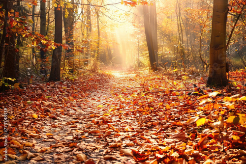 A winding forest path covered in fallen leaves leading to a sunlit clearing