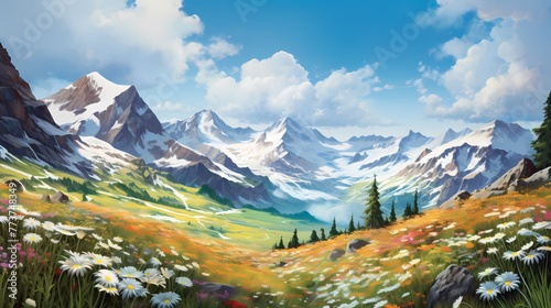 Towering snow-capped peaks standing tall against the blue sky, with a carpet of wildflowers blanketing the slopes, painting the Alps with vibrant hues