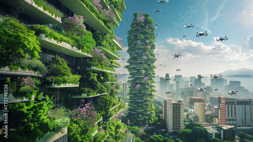 Eco-city with vertical gardens on skyscrapers, drones pollinating bio-engineered flowers, a harmonious blend of technology and nature © praewpailyn