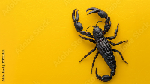 Black scorpion on a yellow background. Dangerous insect. Sting with poison.