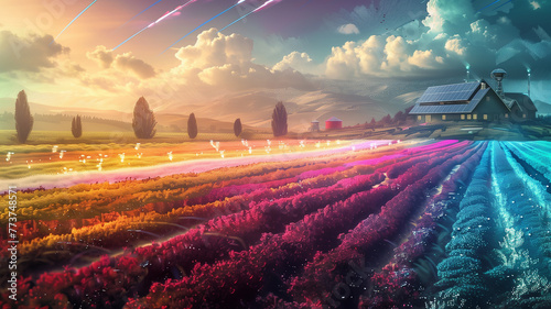 Futuristic agricultural fields, bio-engineered crops glowing with vibrant colors, robotic farmers tending to the fields, a high-tech farmhouse in the distance photo