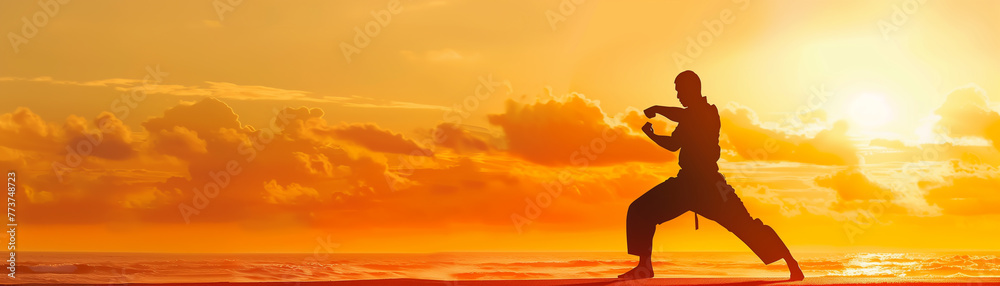 silhouette of martial artist practicing at sunrise, tranquil setting, inspiring background design for banner, space for text