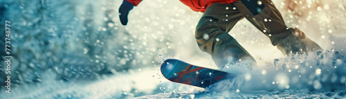 snowboarder perspective, board in motion, close ground view, unique banner background design, text space