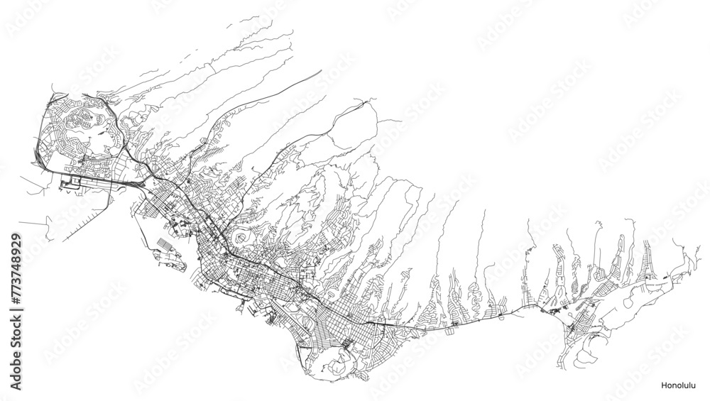 Honolulu city map with roads and streets, United States. Vector outline illustration.