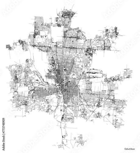 Columbus city map with roads and streets, United States. Vector outline illustration.