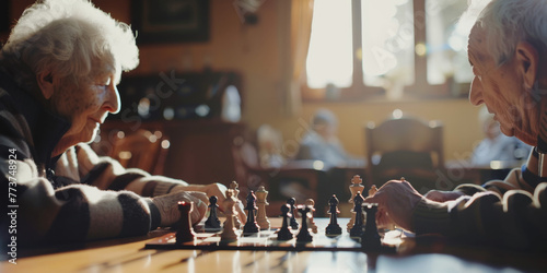 Detail shot of a chess game in progress between two elderly residents, with the rest of the game room blurred