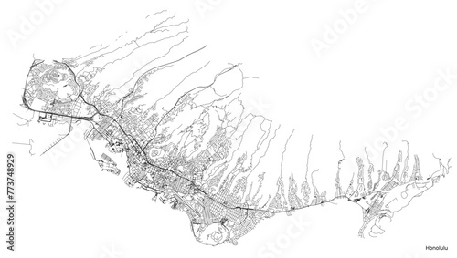 Honolulu city map with roads and streets, United States. Vector outline illustration.