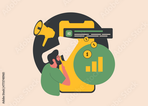 PPC campaign monitoring. Track and measure pay per click campaigns. Success PPC advertising monitoring tool. Digital marketing vector illustration with icons on white background