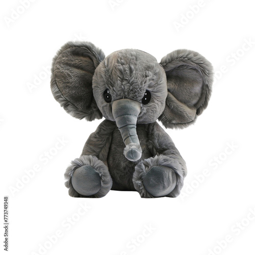 elephant toy, cute and fluffy with gray fur, sitting upright on its hind legs against a white background.