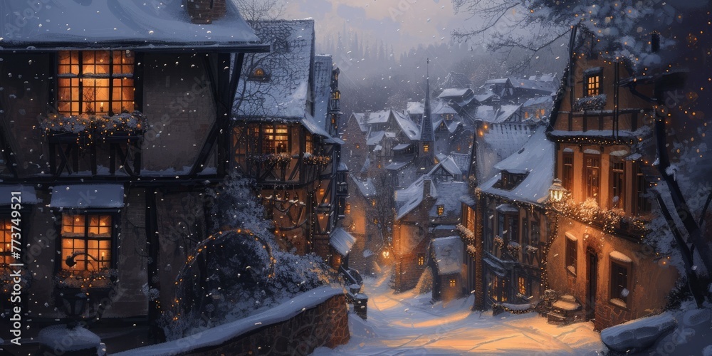 This illustration depicts a magical winter night in a quaint village, with snow-covered rooftops and warmly lit windows inviting a festive spirit. Resplendent.