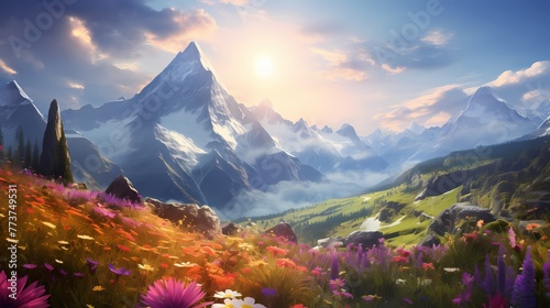 Sun-kissed mountain peaks in the Alps, surrounded by vibrant wildflowers, creating a picturesque scene that showcases the wonders of spring photo
