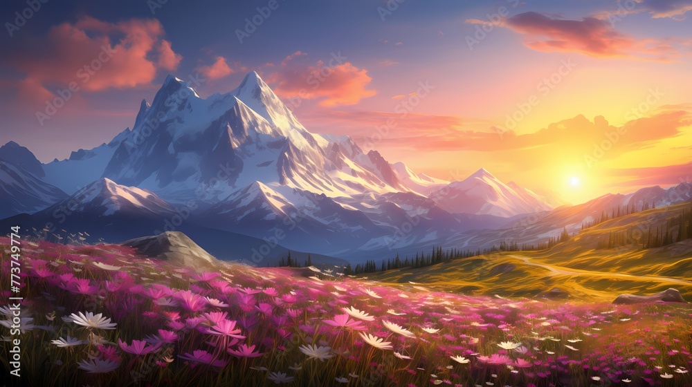 A tranquil sunrise over the majestic Alps, casting a warm glow on blooming meadows in springtime, capturing the essence of nature's beauty