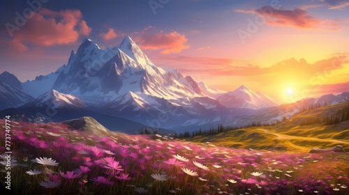 A tranquil sunrise over the majestic Alps, casting a warm glow on blooming meadows in springtime, capturing the essence of nature's beauty photo
