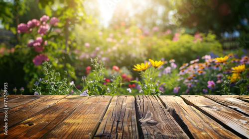 Wooden texture foreground giving way to a colorful and vibrant flower garden bathed in warm sunlight photo
