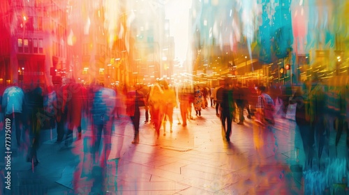 A busy city street with people walking and cars driving © Woraphon