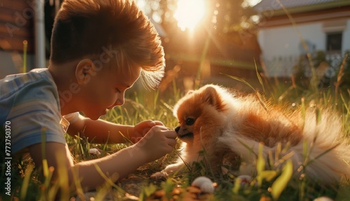 A boy is playing with his dog. A child and a dog on the background of a summer country house. The concept of love for animals.