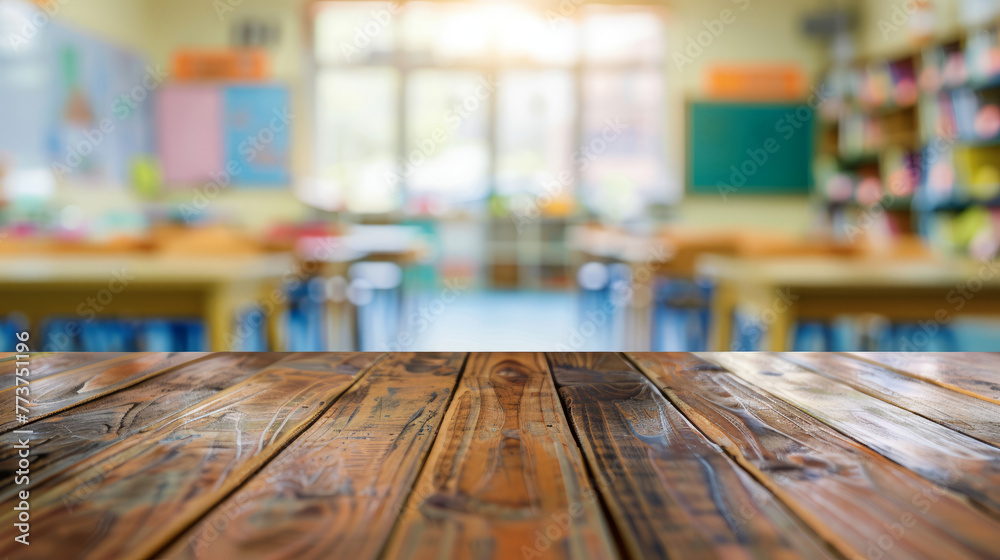 A textured wooden surface in sharp focus with a blurred classroom setting in the background