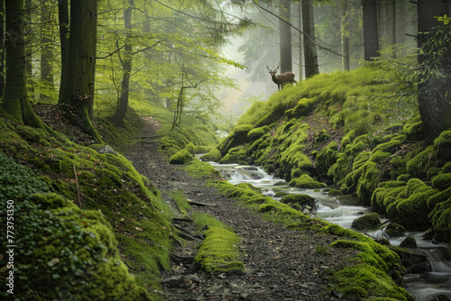 A mossy forest path with a stream running alongside it and a deer standing in the distance