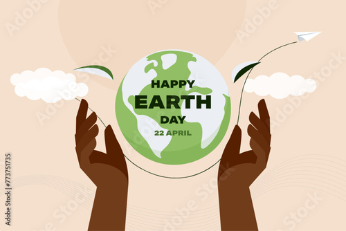 Human hands holding Earth globe. Earth Day, World Environment and Save the Earth concept. Sustainable ecology and environment conservation concept design. Vector illustration.