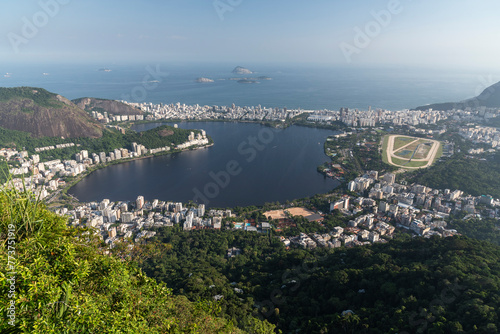 Beautiful view from Corcovado Mountain to city, lagoon and ocean