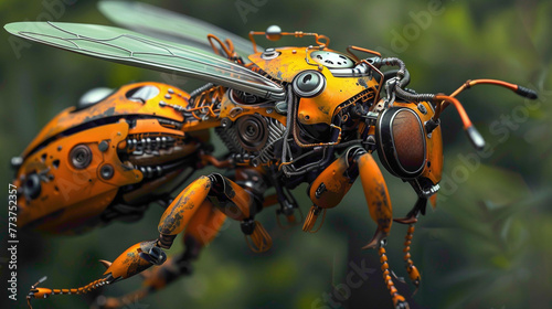 An artificial bee robot replacing real bees in the process of gathering precious pollen. A futuristic robotic bee, designed for efficiency, becomes a mascot for modern, tech-driven agriculture. photo
