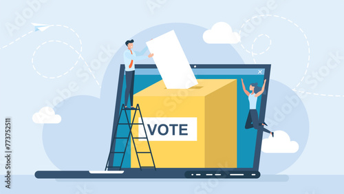 Voting box and voters making decisions. Tiny people putting voting paper into ballot box that come out from laptop monitor. Modern online voting and election concept. Vector illustration