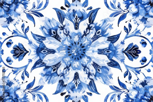 Watercolor Seamless pattern with blue and white © Thi