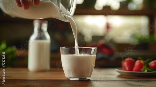 A glass is being filled with milk, overflowing onto a wooden board.