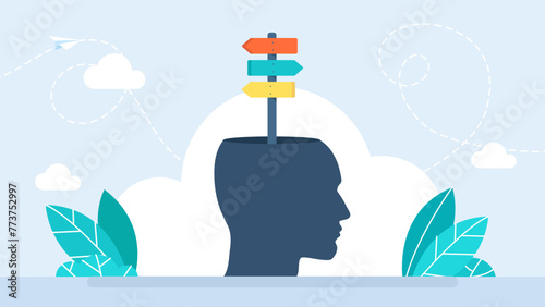 Concept of choice, strategy, direction, analysis in business. A traffic sign in the head of a man. Multidirectional pointers on a signpost. Man wondering what direction to follow. Vector illustration