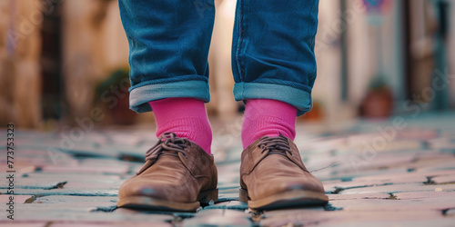 Man feet shoes and jeans, wearing pink socks. Self-expression, gender equality, equal rights, being yourself, gender stereotypes concept photo