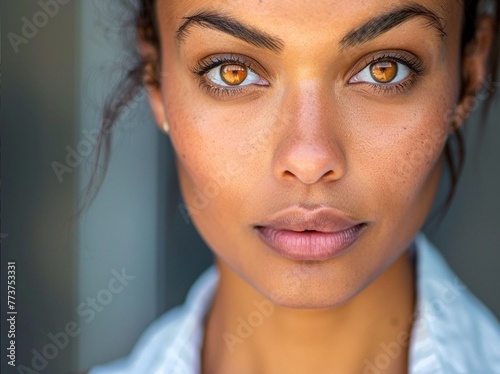 Stunning high resolution photos of a multiracial businesswoman with fantastic amber brown eyes who is the face of the company. Business © Iulia