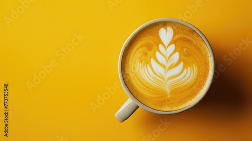 Cup of coffee with clock hands on yellow background with copy space, top view. Clock face in coffee cup. Coffee break, morning routine, breakfast time creative concept. Latte art on clock, coffee time
