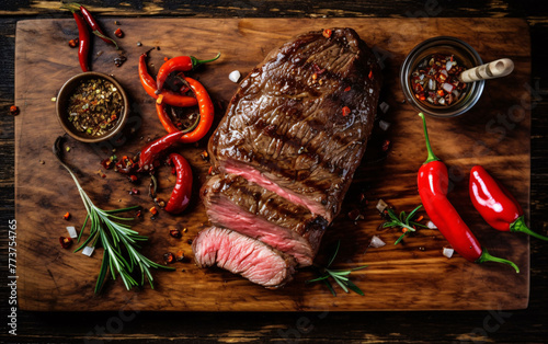 Top view of a beef steak on a wooden cutting board with dried herbs, red chili peppers, and sauce paste on the side.