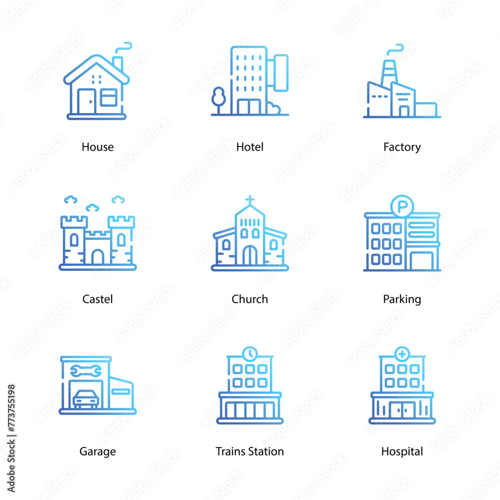 Buildings, Real estate, houses, icons collection. Icon set contains such as skyscraper, home, apartment, blueprint, key, mortgage document, and more. Simple web and mobile vector icon set.