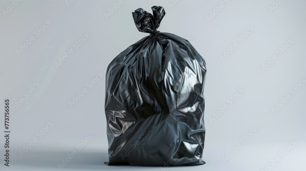 A tied black garbage bag stands against a light background.