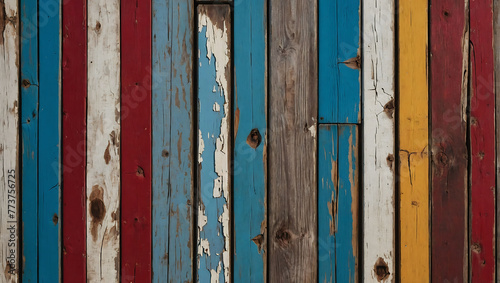 Antique wooden plank texture with cracked paint in white, red, yellow and blue colors. Horizontal retro background with wooden planks of different colors Looks Less. AI generated