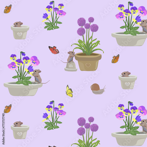 Spring pattern with mice, butterflies, snail and allium flowers and violets on purple background