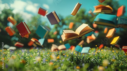 Photorealistic books in free fall over a meadow under natural light, vibrant and colorful ,3DCG,clean sharp focus