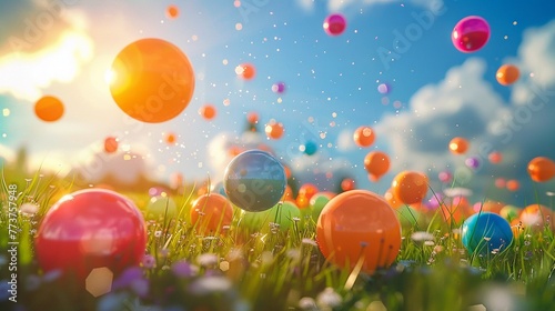 Photorealistic image of vibrant balls in free fall over a meadow, under natural sunlight ,super realistic,clean sharp focus photo