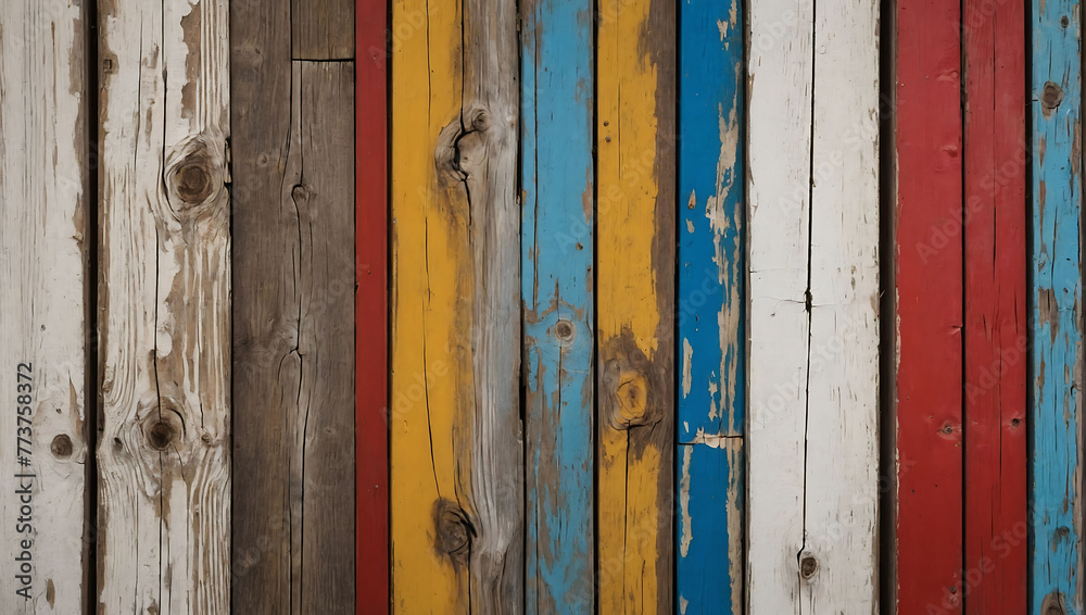 Antique wooden plank texture with cracked paint in white, red, yellow and blue colors. Horizontal retro background with wooden planks of different colors Looks Less. AI generated Antique wooden plank texture with cracked paint in white, red, yellow and blue colors. Horizontal retro background with wooden planks of different colors Looks Less. AI generated