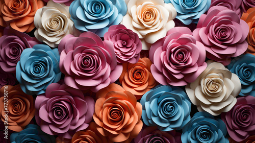 An artistic arrangement of roses in different colors, forming a visually pleasing pattern against a simple and elegant backdrop