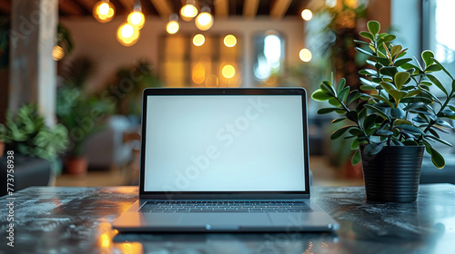 Laptop with blank screen on table in modern office interior. Mockup. Workplace with computer and plant on table.