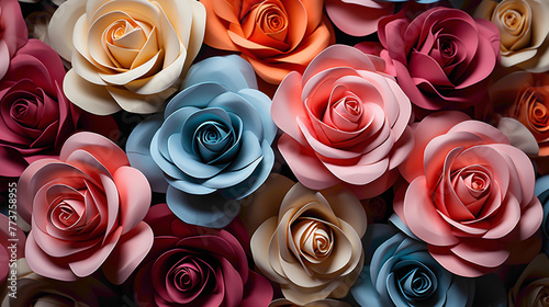 An artistic arrangement of roses in different colors  forming a visually pleasing pattern against a simple and elegant backdrop
