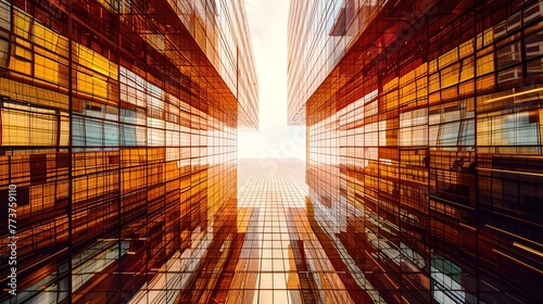 Vibrant Abstract Urban Architecture with Sun Flare. Modern Corporate Buildings Converge. Ideal for Backgrounds and Wallpapers. AI