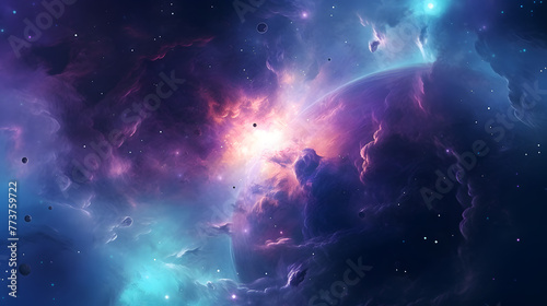 Digital purple and green nebula starry abstract graphic poster web page PPT background