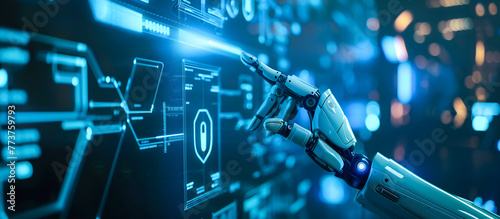 A robot hand points towards a holographic display showcasing cyber security symbols. The intersection of Artificial Intelligence, cyber security, and global communication technology. Generative AI.