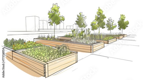 A minimalist outline of a community garden with raised beds and pollinator-friendly plants AI generated illustration