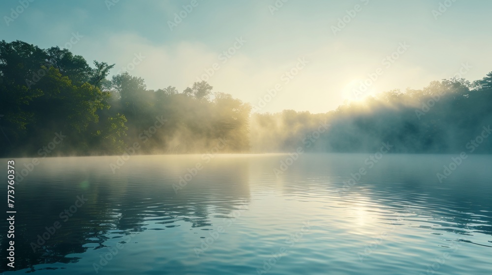 A misty morning on the shores of a tranquil lake with sunlight breaking through the fog AI generated illustration